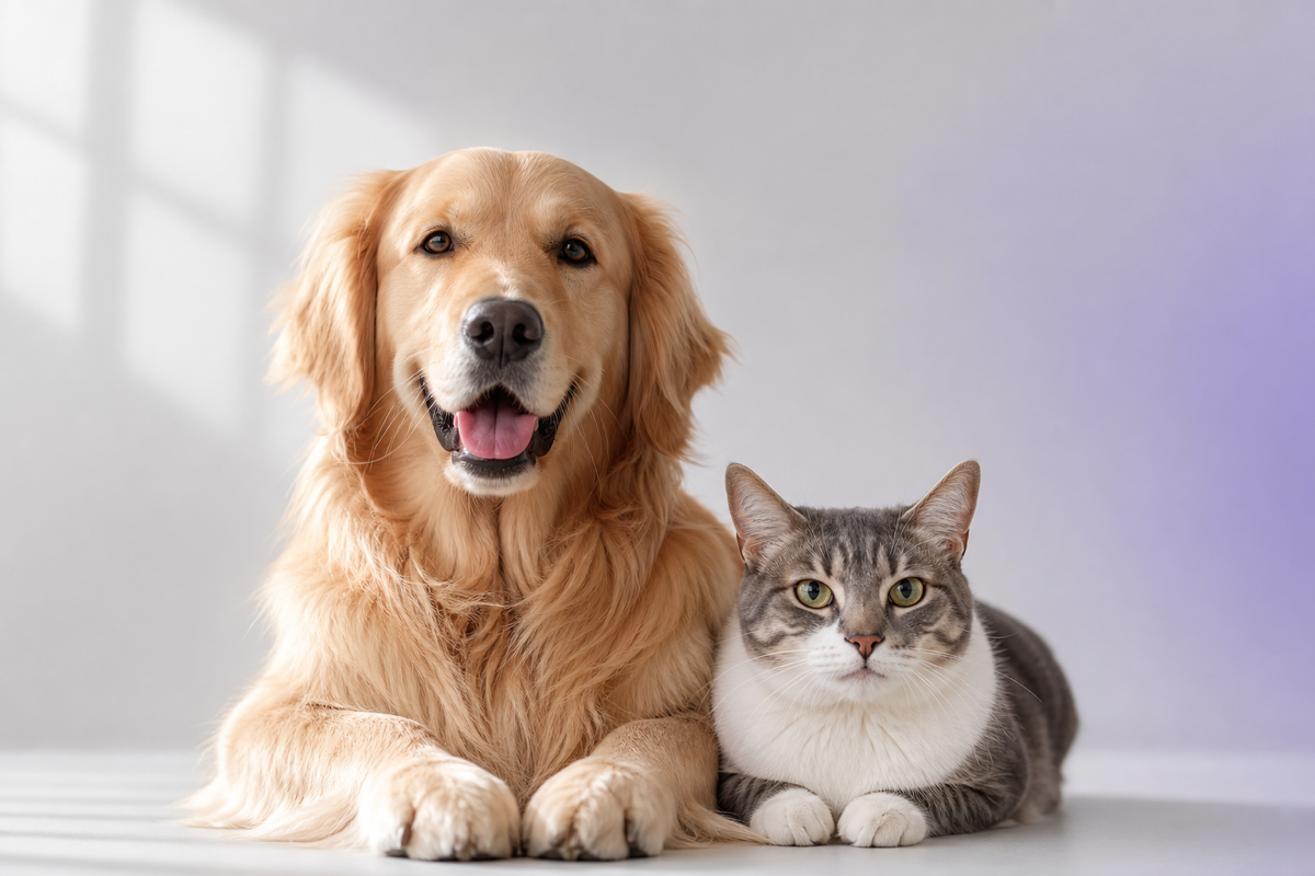 A healthy dog and cat together in warm light
